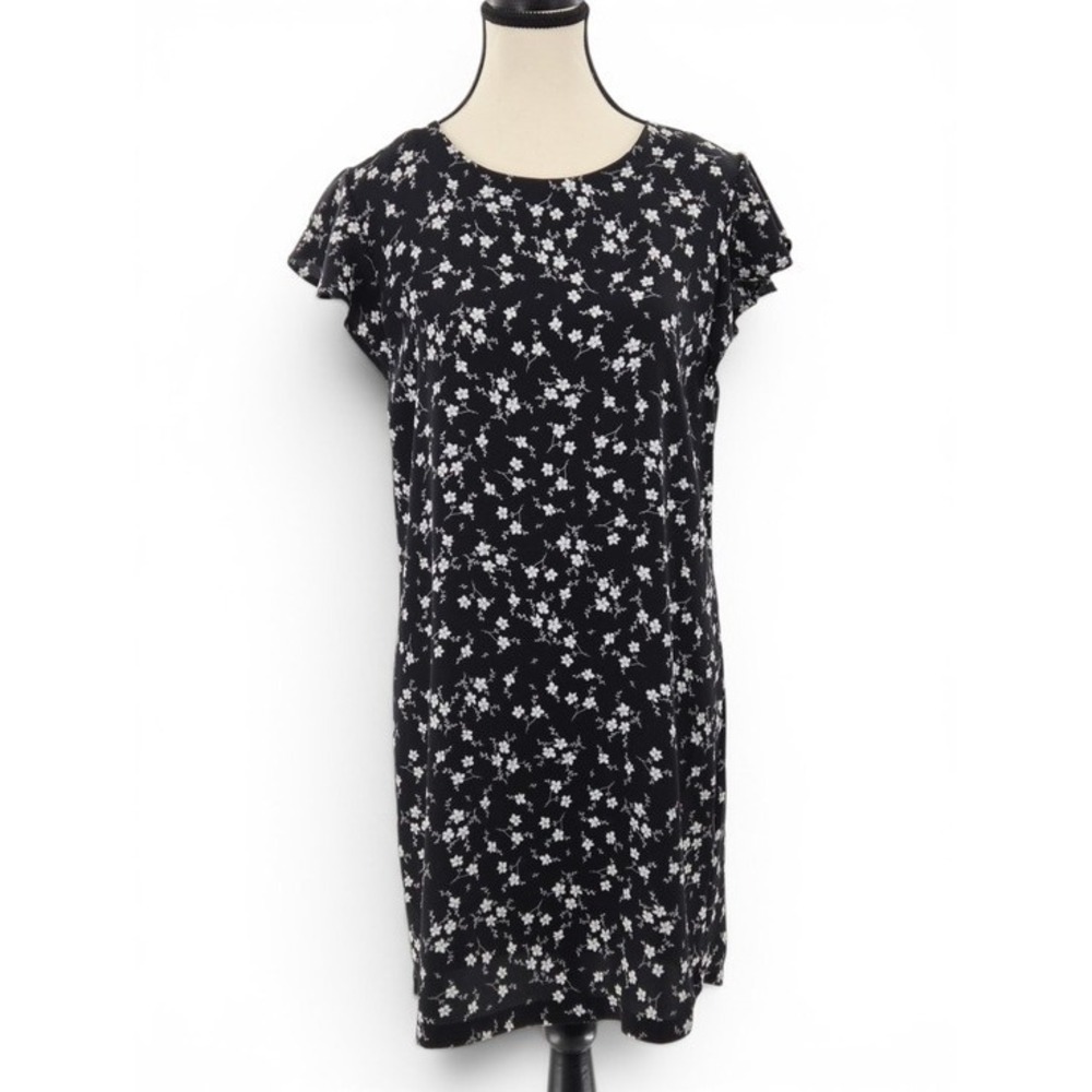 Adrienne Vittadini Floral Mini Shift Dress 6 Black White Flutter Sleeve Back Zip